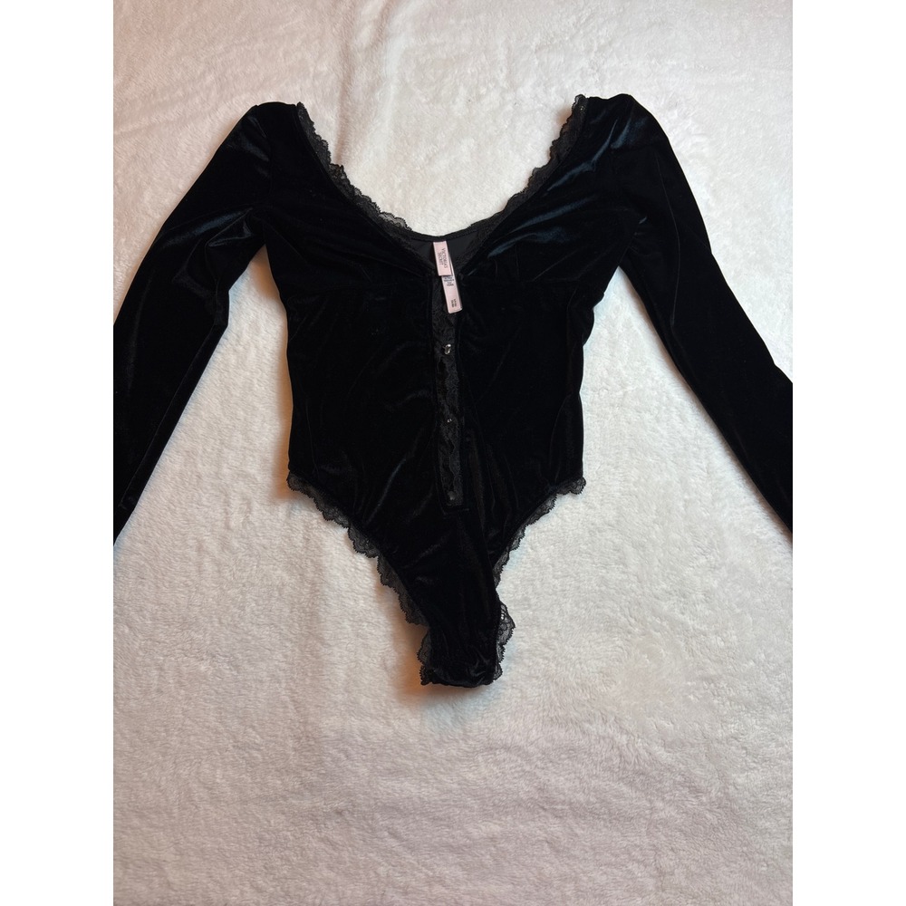 Victoria's Secret Black Velvet Lace Trim Long Sleeve Bodysuit Small S/P
